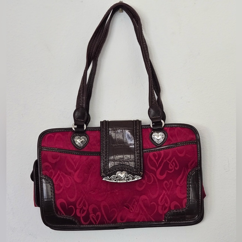 Brighton Red Heart Pattern Satchel Brown Leather Shoulder Bag